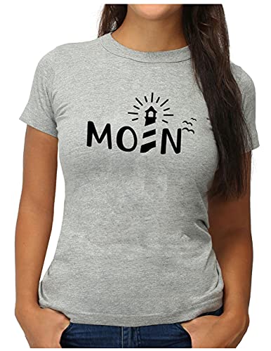 OM3® Moin mit Leuchtturm T-Shirt - Damen - Slogan Spruch Küste Lighthouse Statement - L, Grau Meliert von OM3