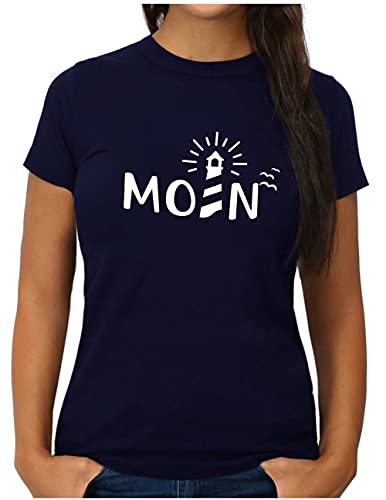OM3® Moin mit Leuchtturm T-Shirt - Damen - Slogan Spruch Küste Lighthouse Statement - L, Navy von OM3