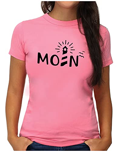 OM3® Moin mit Leuchtturm T-Shirt - Damen - Slogan Spruch Küste Lighthouse Statement - M, Pink von OM3