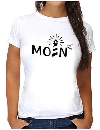 OM3® Moin mit Leuchtturm T-Shirt - Damen - Slogan Spruch Küste Lighthouse Statement - M, Weiß von OM3