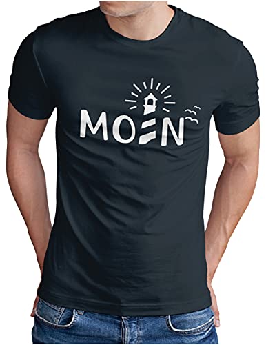 OM3® Moin mit Leuchtturm T-Shirt - Herren - Slogan Spruch Küste Lighthouse Statement - Navy, XL von OM3