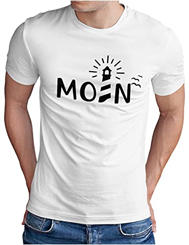 OM3® Moin mit Leuchtturm T-Shirt - Herren - Slogan Spruch Küste Lighthouse Statement - Weiß, XXL von OM3