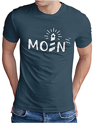 OM3® Moin mit Leuchtturm T-Shirt - Herren - Slogan Spruch Küste Lighthouse Statement - Denim, XXL von OM3
