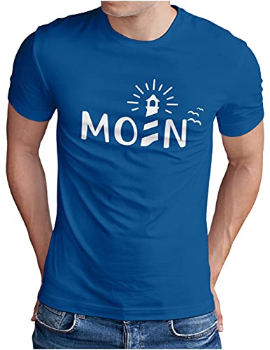 OM3® Moin mit Leuchtturm T-Shirt | Herren | Slogan Spruch Küste Lighthouse Statement | Royal Blau-WS, XXL von OM3