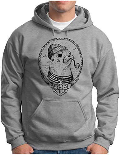 OM3® Moin mit Seehund Hoodie | Herren | Slogan Meer Robbe Küste Nautical | Kapuzen-Pullover Grau Meliert, 4XL von OM3