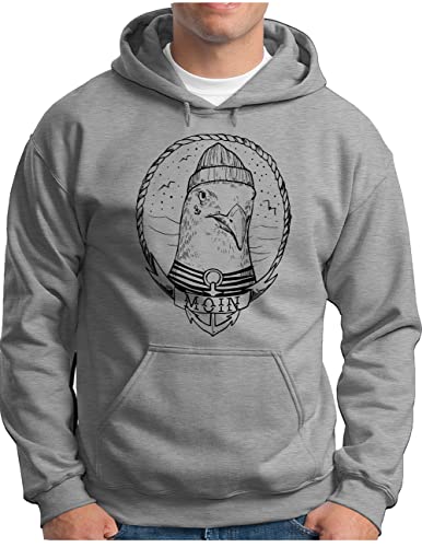 OM3® Moin mit Seemöwe Hoodie - Herren - Slogan Möwe Meer Spruch Küste Nautical - Kapuzen-Pullover Grau Meliert, S von OM3