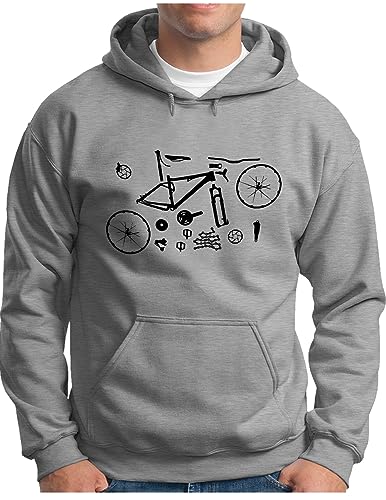 OM3® Mountain-Bike-Parts Hoodie | Herren | MTB Bicycle Fahrrad Teile Radsport Radfahrer | Kapuzen-Pullover Grau Meliert, M von OM3