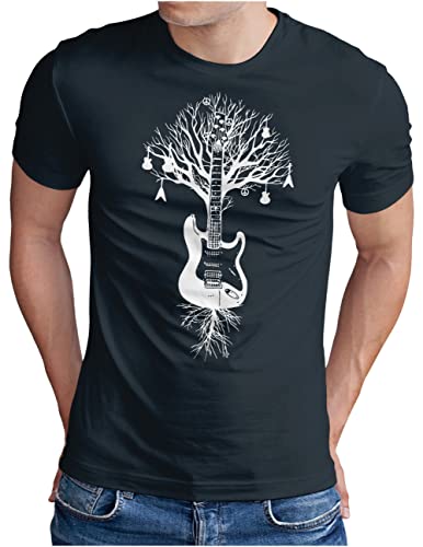 OM3® Musik Baum Gitarre T-Shirt | Herren | Guitar Tree Roots Musiker | Navy, XXL von OM3