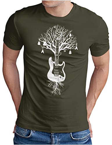 OM3® Musik Baum Gitarre T-Shirt | Herren | Guitar Tree Roots Musiker | Oliv-WS, L von OM3