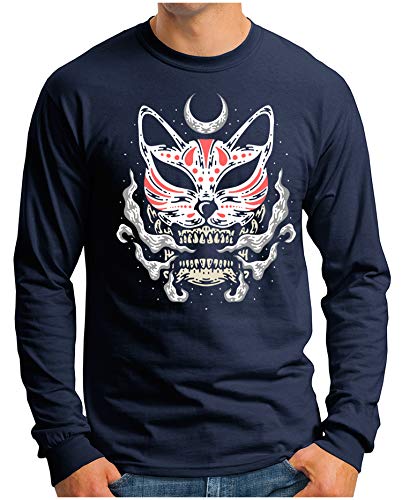 OM3® - Neko-Mask-I - Langarm T-Shirt | Herren | Cat Mask Japanese Anime Printshirt | Navy, S von OM3