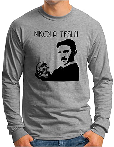 OM3® Nikola Tesla Langarm Shirt - Herren - Physiker Erfinder Strom Elektrizität Energie Teslatron - Grau Meliert, L von OM3