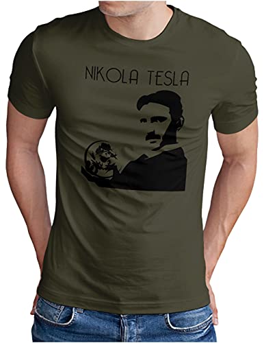 OM3® Nikola Tesla T-Shirt | Herren | Physiker Erfinder Strom Elektrizität Energie Teslatron | Oliv, L von OM3