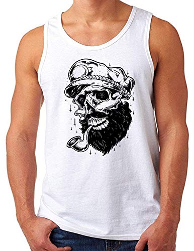 OM3® Old-Skull-Captain Tank Top Shirt | Herren | Sailor Totenkopf Seemann Nautical | Weiß, 3XL von OM3