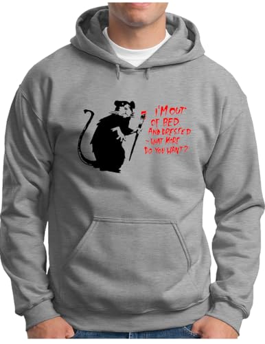 OM3® Out of Bed Rat Banksy Hoodie | Herren | Stencil Graffiti Style Street Ratte | Kapuzen-Pullover Grau Meliert, 4XL von OM3