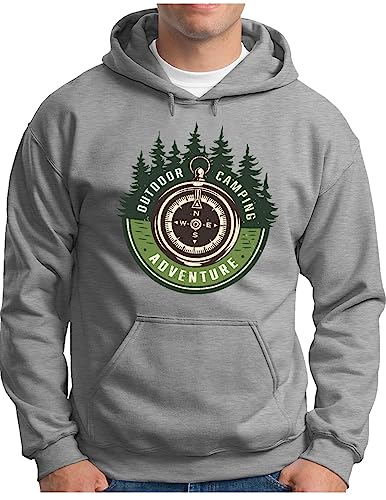 OM3® Outdoor Adventure Camping Hoodie | Herren | Camper Kompass Hiking Wildnis Berge Campen Zelten | Kapuzen-Pullover Grau Meliert, L von OM3