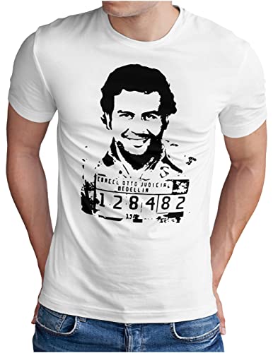 OM3® Police Mugshot Pablo T-Shirt | Herren | Polizei Photo Colombia Kokain Icon | Weiß, M von OM3