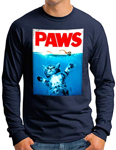 OM3® Paws Katzen Langarm Shirt - Herren - Parody Cat Fun Katzenmotiv lustig - Navy, XL von OM3