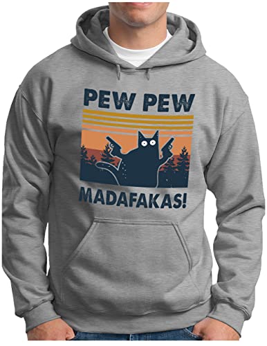 OM3® Pew Pew Madafakas Hoodie | Herren | Lustiges Katzen Spruch Motiv Meme Design Retro | Kapuzen-Pullover Grau Meliert, XXL von OM3