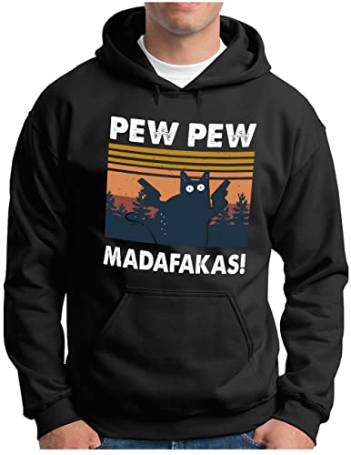 OM3® Pew Pew Madafakas Hoodie | Herren | Lustiges Katzen Spruch Motiv Meme Design Retro | Kapuzen-Pullover Schwarz, 4XL von OM3