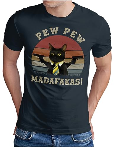 OM3® Pew Pew Madafakas T-Shirt | Herren | Lustiges Katzen Motiv Meme Design | Navy, L von OM3