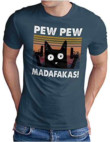 OM3® Pew Pew Madafakas T-Shirt | Herren | Lustiges Katzen Motiv Meme Design Retro III | Denim, 4XL von OM3