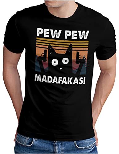 OM3® Pew Pew Madafakas T-Shirt | Herren | Lustiges Katzen Motiv Meme Design Retro III | Schwarz, 4XL von OM3