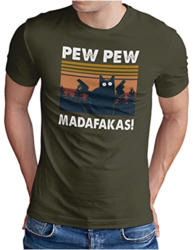 OM3® Pew Pew Madafakas T-Shirt | Herren | Lustiges Katzen Motiv Meme Design Retro | Oliv-WS, M von OM3