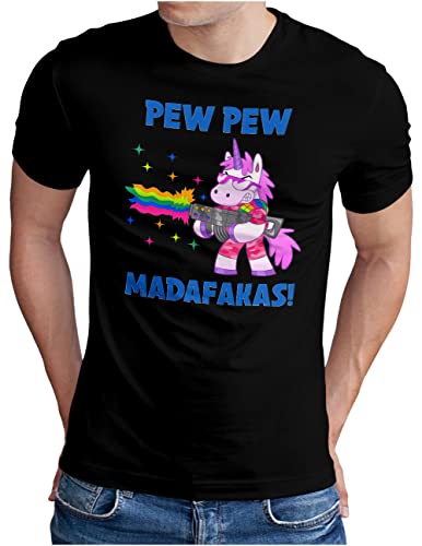 OM3® Pew Pew Madafakas T-Shirt mit Spruch | Herren | lustiges Einhorn Regenbogen | Schwarz, XXL von OM3