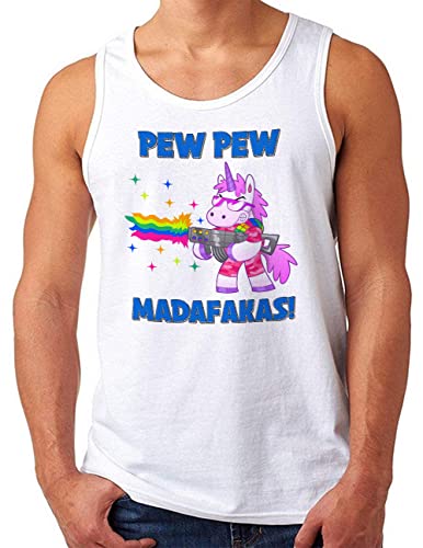 OM3® Pew Pew Madafakas Tank Top Shirt mit Spruch | Herren | lustiges Einhorn Regenbogen | Weiß, 3XL von OM3