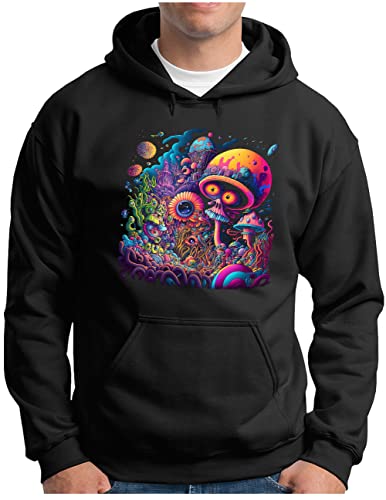 OM3® Psychedelic Trip Magic Mushrooms Hoodie | Herren | Trippy Party Shrooms Psytrance Goa | Kapuzen-Pullover Schwarz, XL von OM3