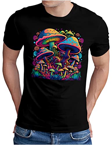 OM3® Psychedelic Trip Magic Mushrooms T-Shirt | Herren | Fantasy Trippy Party Shrooms Psytrance Pilze Goa | Schwarz, XXL von OM3