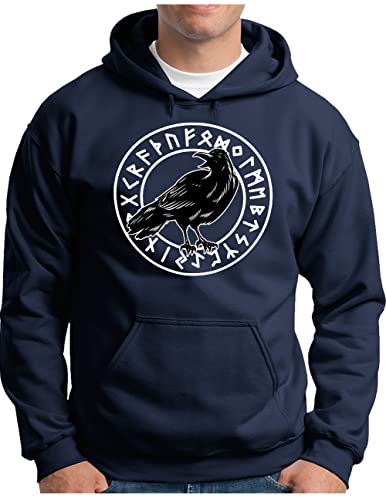 OM3® Raben Wikinger Hoodie | Herren | Hugin Munin Odin's Raven Midgard Runen | Kapuzen-Pullover Navy, 3XL von OM3