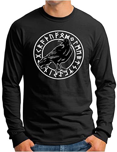 OM3® Raben Wikinger Langarm Shirt - Herren - Hugin Munin Odin's Raven Midgard Runen - Schwarz, 4XL von OM3