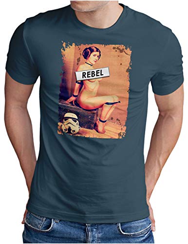 OM3® Rebel-Leia T-Shirt - Herren - Princess Sturmtruppen Film Fan SciFi Pinup - Denim, L von OM3