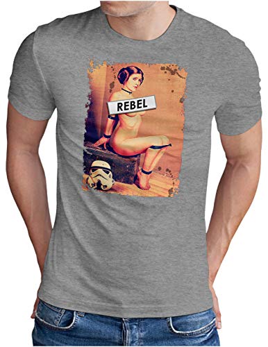 OM3® Rebel-Leia T-Shirt - Herren - Princess Sturmtruppen Film Fan SciFi Pinup - Grau Meliert, M von OM3