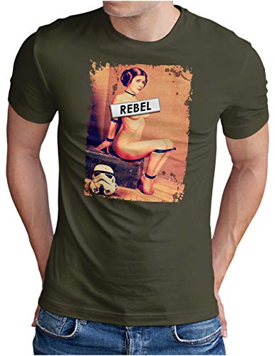 OM3® Rebel-Leia T-Shirt - Herren - Princess Sturmtruppen Film Fan SciFi Pinup - Oliv, XXL von OM3