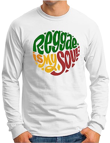 OM3® Reggae Langarm Shirt | Herren | Rastafari Spruch Statement Quote Musik Jamaika My Soul | Weiß, L von OM3