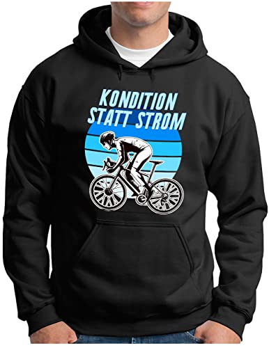 OM3® Rennrad Fahrrad Hoodie mit Spruch | Herren | Kondition statt Strom - Muskelkraft kein e Bike II | Kapuzen-Pullover Schwarz, L von OM3