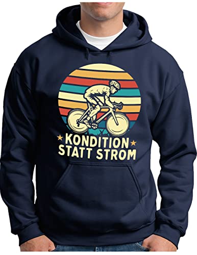 OM3® Rennrad Hoodie mit Spruch | Herren | Kondition statt Strom - Muskelkraft kein e Bike Fahrrad - Motivation - Rad | Kapuzen-Pullover Navy, XXL von OM3