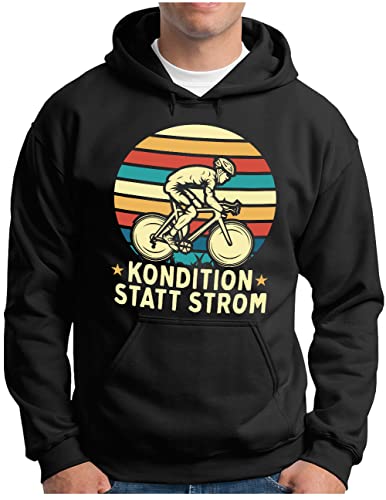 OM3® Rennrad Hoodie mit Spruch | Herren | Kondition statt Strom - Muskelkraft kein e Bike Fahrrad - Motivation - Rad | Kapuzen-Pullover Schwarz, XL von OM3