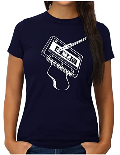 OM3® Retro Music Big Cassette Tape T-Shirt | Damen | Audio Kassette Old School | XL, Navy von OM3