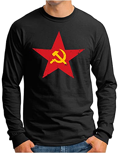 OM3® Retro Soviet-Star Langarm Shirt - Herren - UDSSR Hammer und Sichel - Schwarz, L von OM3