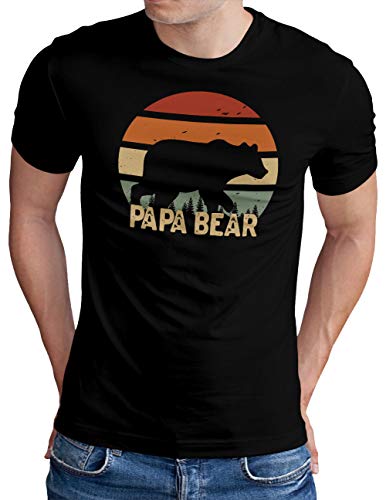 OM3® Retro Vintage Sunset Papa Bear T-Shirt | Herren | Daddy Bär Hiking Camping Hunting | Schwarz, 3XL von OM3