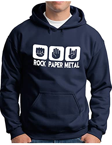 OM3® Rock Paper Metal Hoodie | Herren | Stein Papier Schere Metalhand | Kapuzen-Pullover Navy, M von OM3