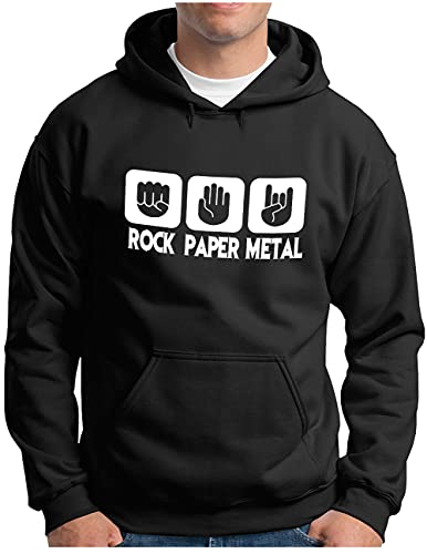 OM3® Rock Paper Metal Hoodie - Herren - Stein Papier Schere Metalhand - Kapuzen-Pullover Schwarz, L von OM3