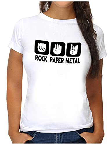 OM3® Rock Paper Metal T-Shirt | Damen | Stein Papier Schere Metalhand | M, Weiß von OM3