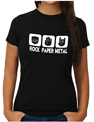 OM3® Rock Paper Metal T-Shirt | Damen | Stein Papier Schere Metalhand | XL, Schwarz von OM3