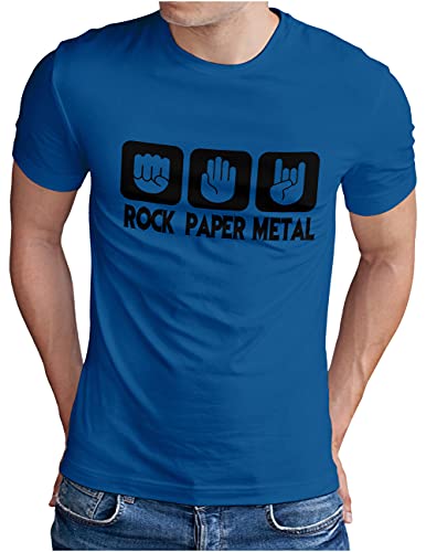 OM3® Rock Paper Metal T-Shirt | Herren | Stein Papier Schere Metalhand | Blau-SW, M von OM3