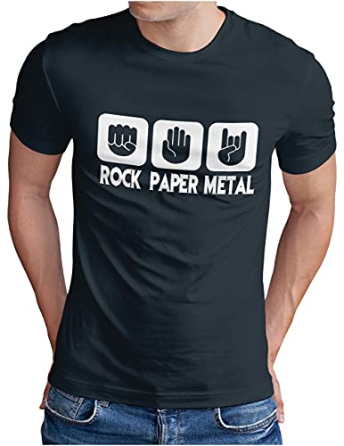 OM3® Rock Paper Metal T-Shirt | Herren | Stein Papier Schere Metalhand | Navy, L von OM3