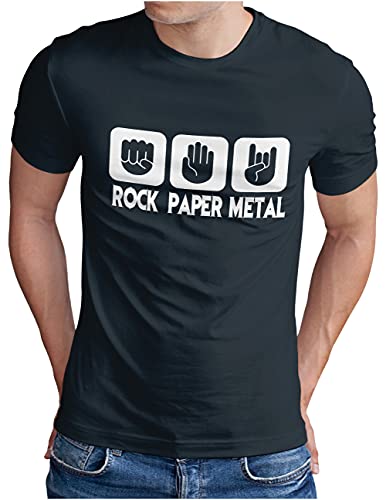 OM3® Rock Paper Metal T-Shirt | Herren | Stein Papier Schere Metalhand | Navy, XL von OM3